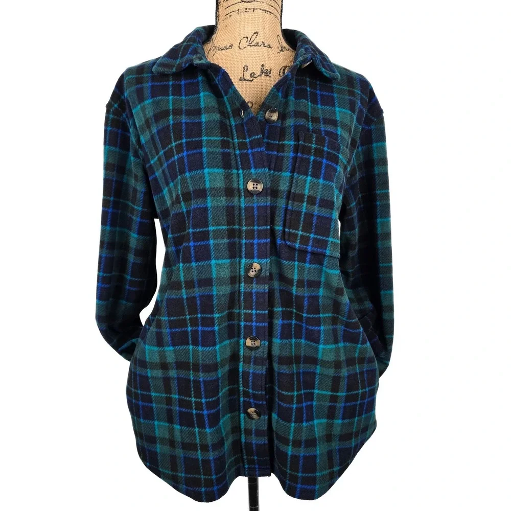 Eddie Bauer‎ Womens Microfleece Button Up Shirt Plaid Teal Navy Blue Medium M
